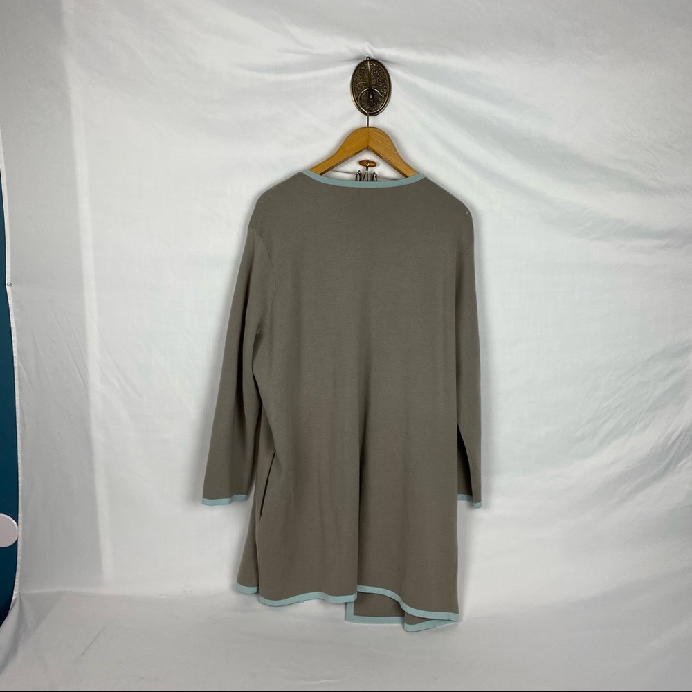 Basler 100% Virgin Wool Long Line Open Cardigan with Pockets Tan & Blue Size 16_10